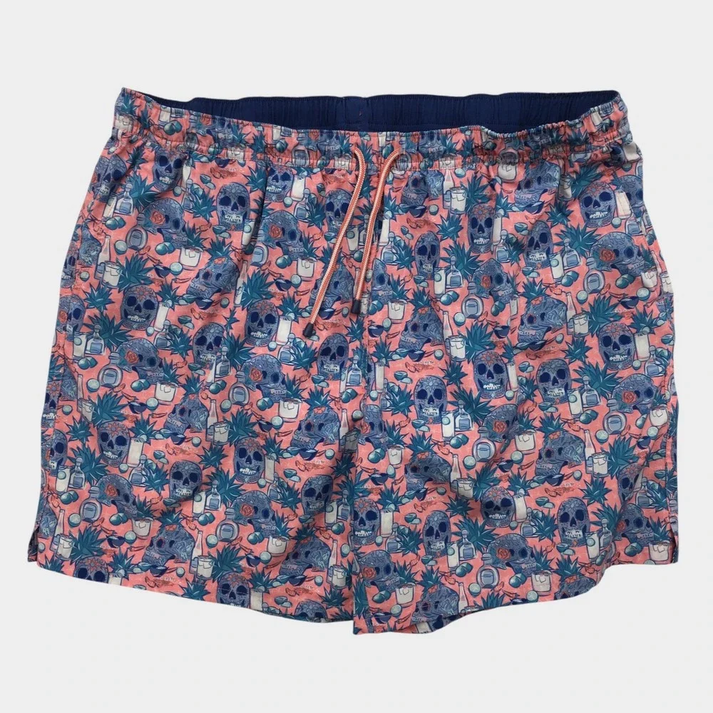 Peter Millar Mens XXL Pink Blue Sugar Skull Tequila Swim Trunks Board Shorts